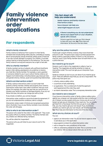 Cover of our publication, Family violence intervention order applications – for respondents.