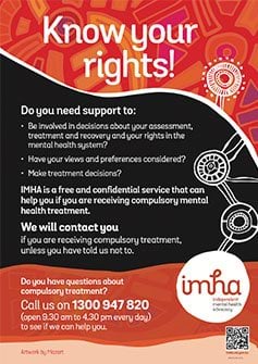Independent Mental Health Advocacy – Know your rights poster with First Nations artwork ""